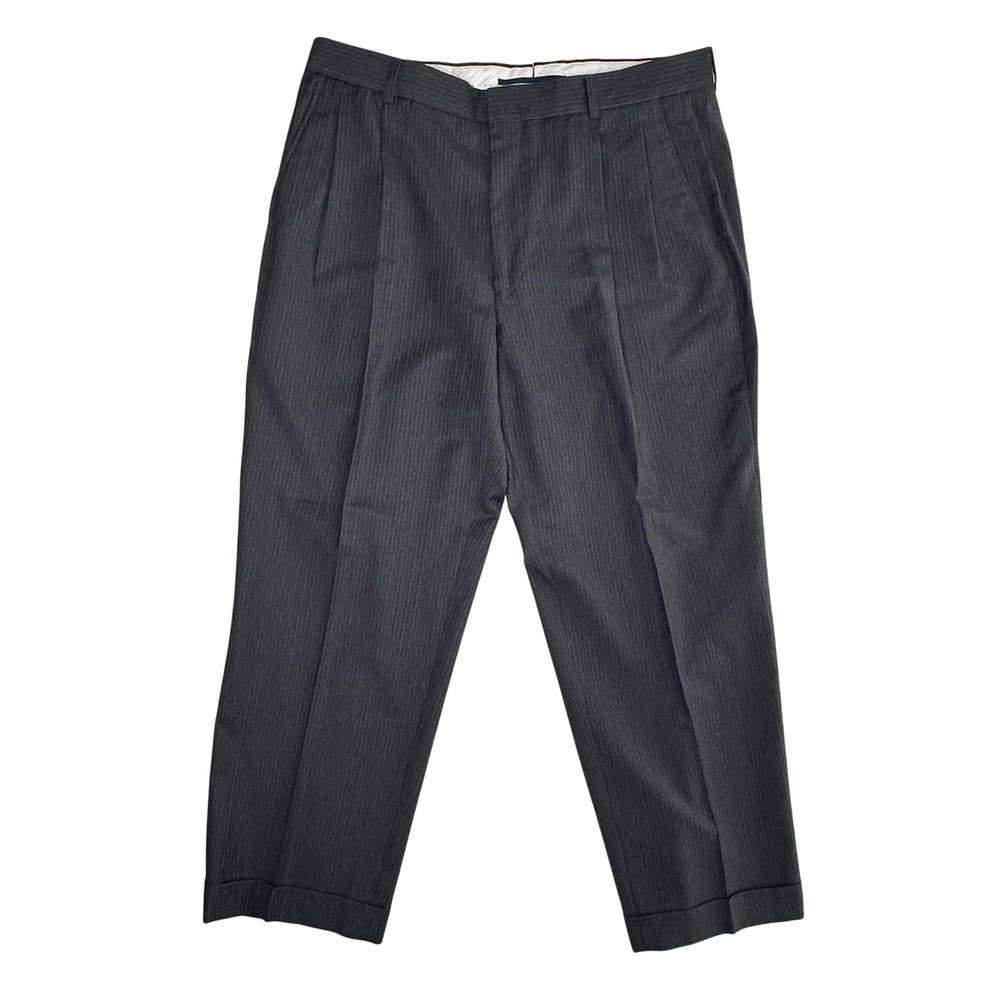 Lands End Mens 37 Traditional Fit Wool Pinstripe Pleated Cuffed Dress Pants Grey